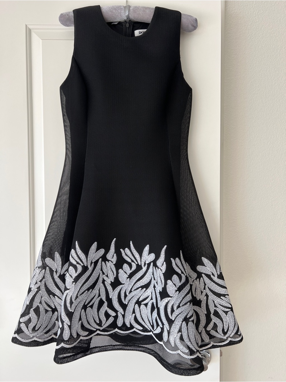 DKNY Black and White fit and flair embroidered dress.